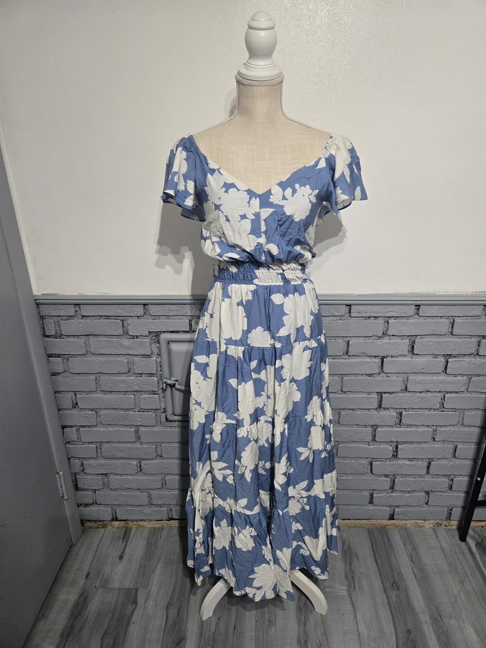 Rachel Zoe Blue and White Floral Off-Shoulder Maxi Dress